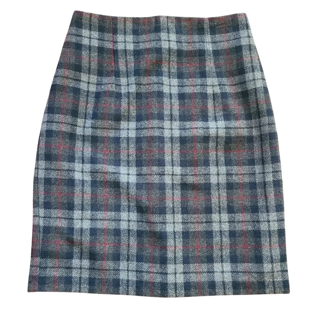 VTG 35th &‎ 10th Pencil Skirt Womens 8 Blue Gray Tartan Plaid USA Prep Academia